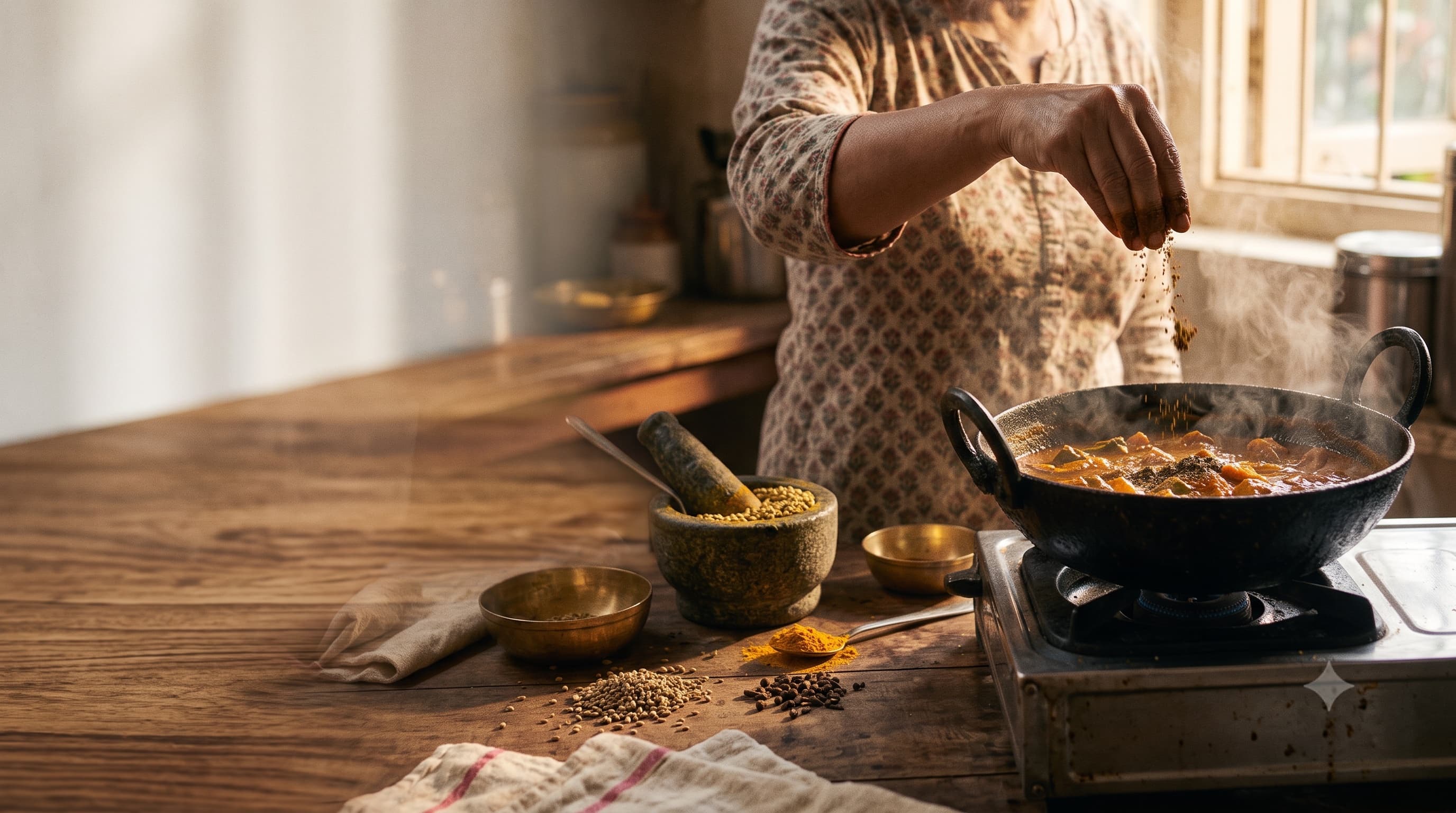 A home cook sprinkling spice into a steaming kadai on a wood-fired stove, whole spices scattered across the counter